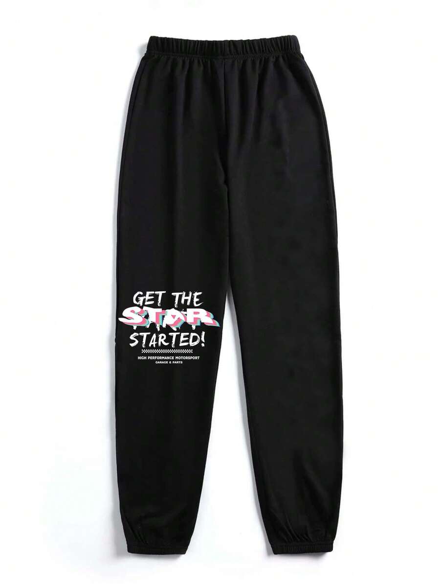 SHEIN EZwear 標語印花彈性運動長褲 - 黑色 - 查看 1