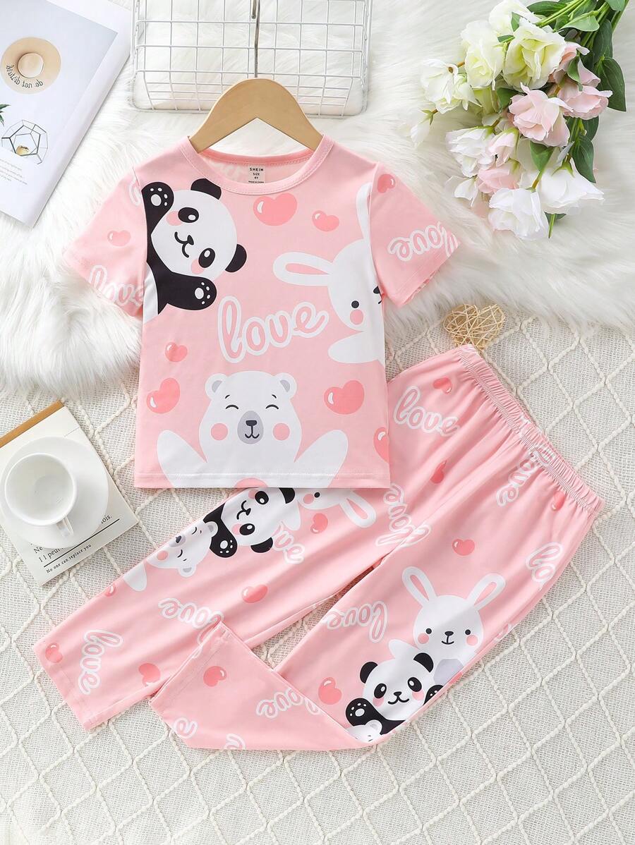 Young Girl Cartoon & Letter Graphic PJ Set - Pink - View 1