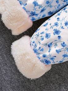 SHEIN Young Girls' Floral Print Hooded Jumpsuit With 3d Ears And Thermal Lined For Autumn/Winter - Blue - View 3