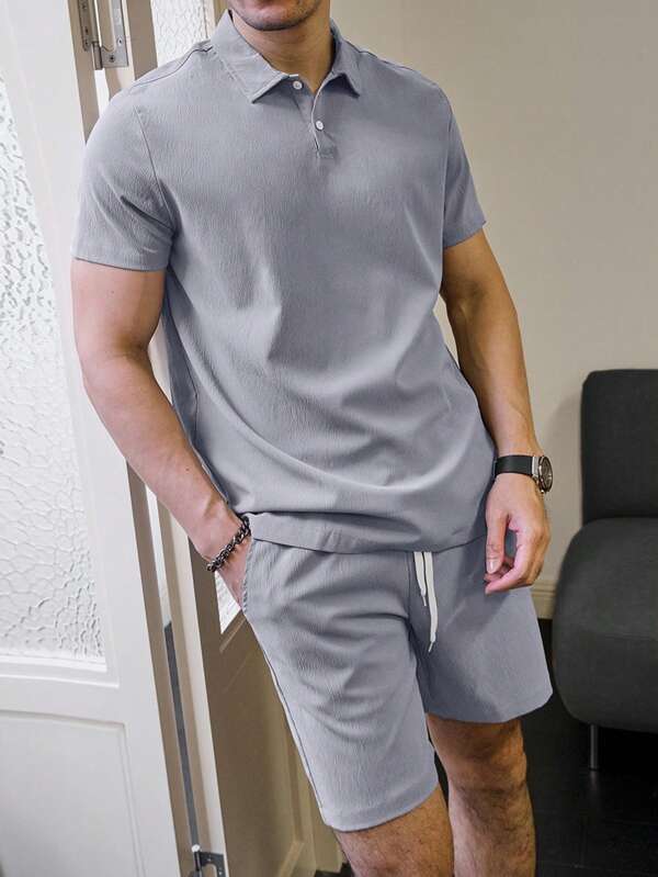 2 piezas Conjunto de top de manga corta con cuello polo y pantalones cortos para hombre