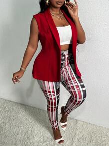 SHEIN Slayr 大尺碼女裝披肩領背心與格紋褲套裝 - 酒紅色 - 查看 5