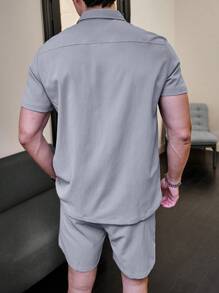 2pcs Men Polo Collar Short Sleeve Top & Shorts Set - Grey - View 2