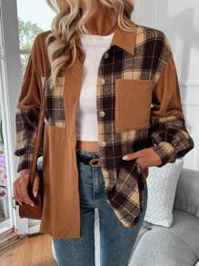 SHEIN Essnce Của phụ nữ Kẻ sọc Vá lại Thả vai Tay áo dài Áo khoác - Màu Khaki - Xem 1