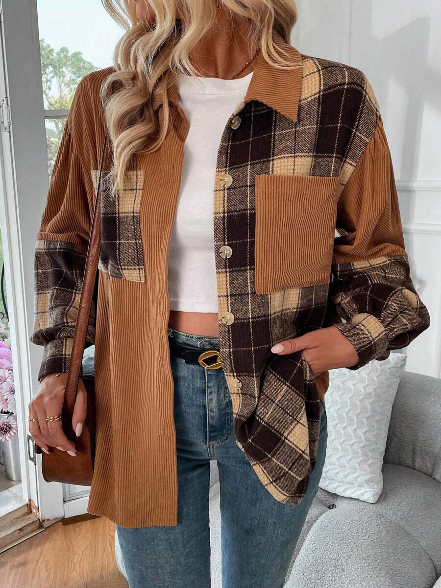 SHEIN Essnce Của phụ nữ Kẻ sọc Vá lại Thả vai Tay áo dài Áo khoác - Màu Khaki - Xem 1