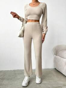 EURMUSE Lantern Sleeve Ribbed Knit T-shirt And Long Pants Set - Apricot - View 4