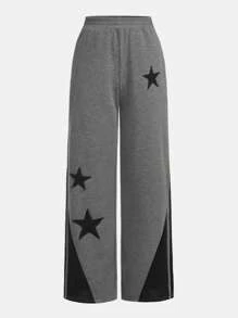SHEIN Teen Girl Star Print Contrast Striped Side Sweatpants - Grey - View 1