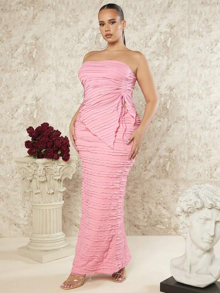 Plus Size Knitted Textured Asymmetric Strapless Top With Drawstring Detail For Romantic Valentine's Date Pink