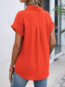 EMERY ROSE 純色短袖襯衫 - 亮橙色 - 查看 2