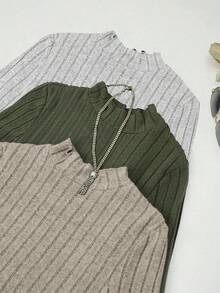 SHEIN LUNE Women's Plain Stand Collar Ribbed Knit T-Shirt - Multicolor - View 6