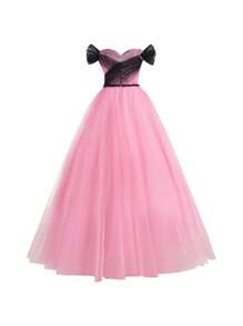 SHEIN Belle Off Shoulder Mesh Formal Dress - Pink - View 9