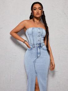 SHEIN ICON Strapless High Slit Denim Dress With Stone Wash - Light Wash - View 5