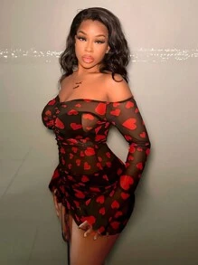 Slaydiva 1 Miếng Off-shoulder Chi tiết xếp nếp Hình trái tim Lưới Đầm - Đỏ - Xem 3