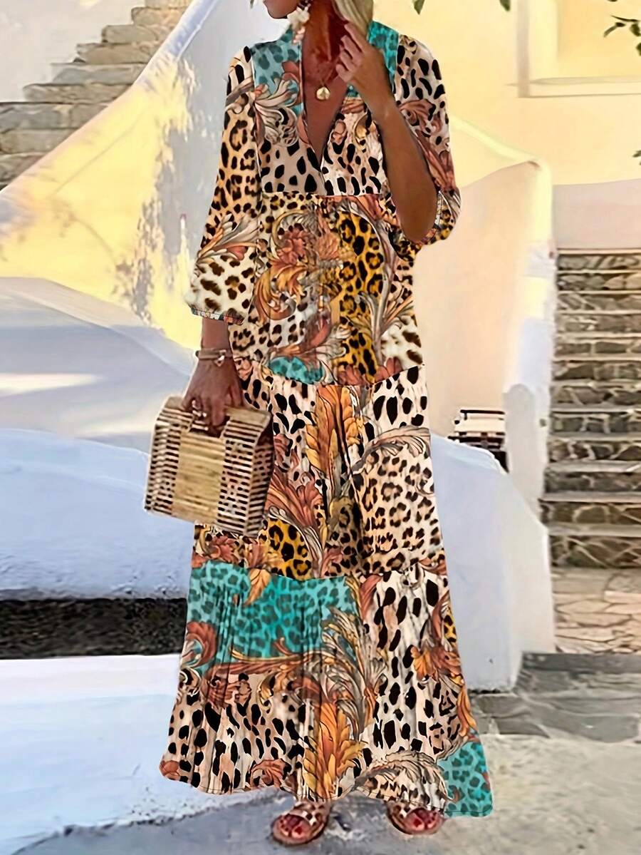 Vestido casual elegante de talla grande con estampado de leopardo y patchwork - Naranja - Ver 1