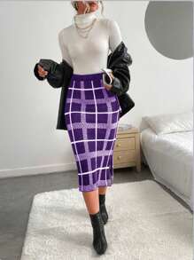 Chiquease Plaid Patterned Side Slit Sweater Skirt - Purple - View 3