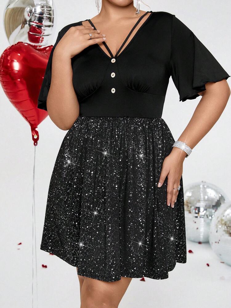 Plus Size Women's V-Neck Glittery Hemline Dress