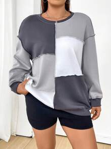 Flirla 拼色下落肩版型連帽衛衣 - 彩色 - 查看 6