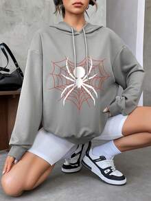SHEIN EZwear Women'S Spider Web Print Drawstring Hoodie - Grey - View 3