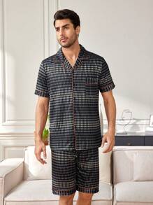 Conjunto De Ropa De Hogar Para Hombres Con Manga Corta Impresa - Negro - Ver 4