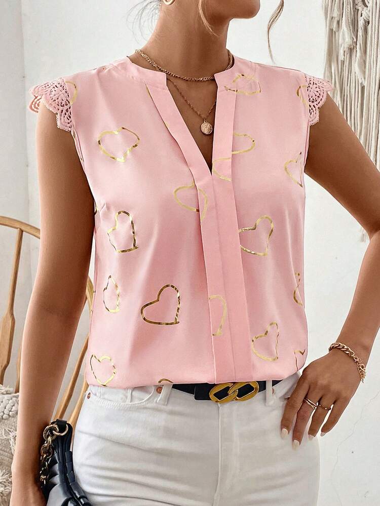 Gold Heart Printed Notch Neckline Blouse With Lace Detailing