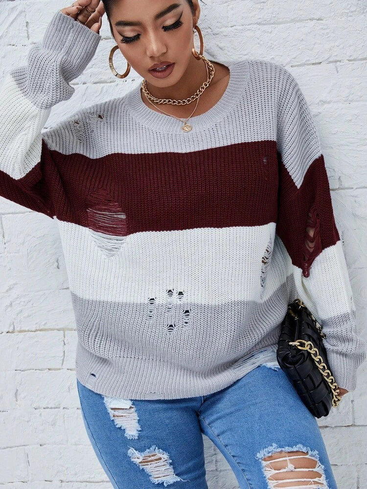 Plus Size Color Block Distressed Sweater Knit Pullover Fall Winter