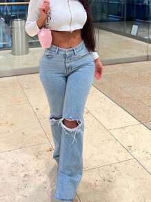 Ripped Straight Leg Jeans - Medium Wash - View 1