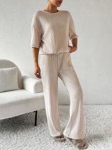 SHEIN Unity 女士肋紋圓領t恤和長褲套裝 - 杏色 - 查看 2