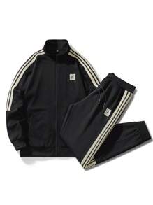 男士休闲舒适宽松撞色拼接运动衫和裤子套装，秋季服装 - 黑色 - 查看 7