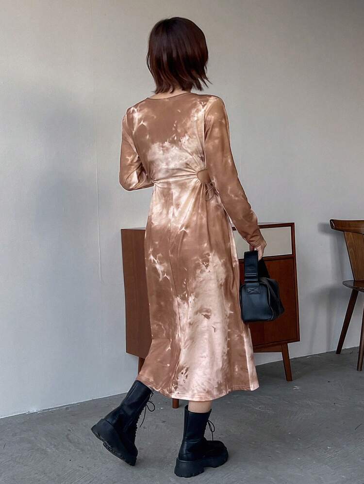 Women'S Tie Dye Cut Out Waistband Dress, Fall Dress Long Sleeve Dress