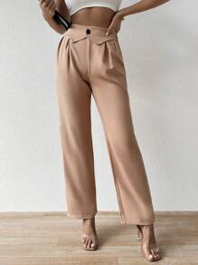 SHEIN Privé 女款高腰休閒長褲,翻邊下擺 - 杏色 - 查看 6