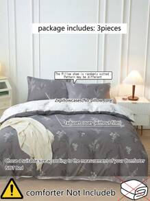 3pcs/Set Gray And White Botanical Floral Pattern Printed Bedding Set