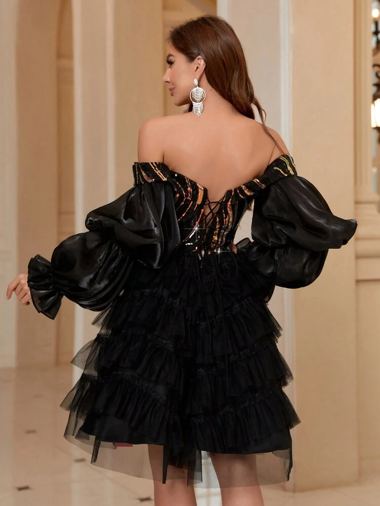 Women's Off Shoulder Sequin Patchwork Multi-Layer Mesh Ruffled Cocktail Dress For Party
