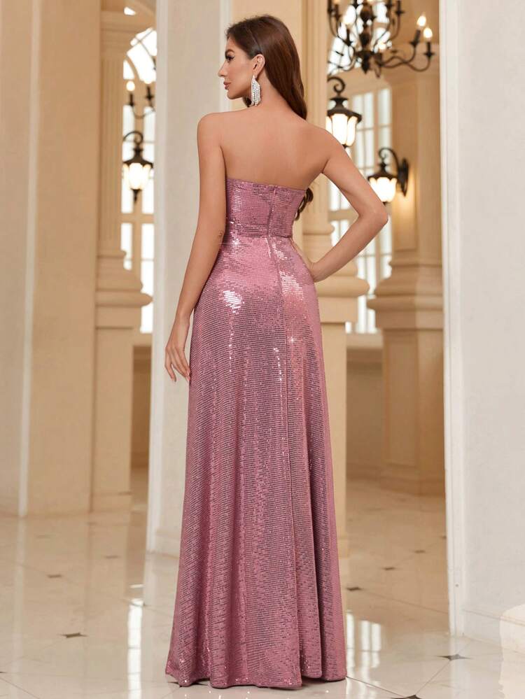 Strapless, Sequined, High Slit, Ruffled Detail Evening Dress