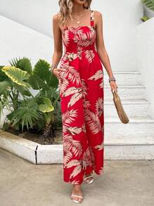 SHEIN VCAY 女士熱帶植物印花細肩帶連體褲 - 紅色 - 查看 5