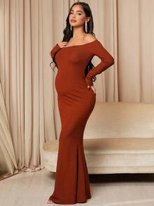 SHEIN Maternity Off Shoulder Long Sleeve Bodycon Dress - Rust Brown - View 4