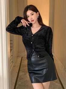 DAZY Áo khoác len cardigan một hàng khuy cho nữ, Quần áo mùa thu cho nữ - màu đen - Xem 5