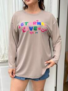 SHEIN EZwear Plus Size Letter Print Drop Shoulder T-Shirt/Valentine's Day - Khaki - View 2