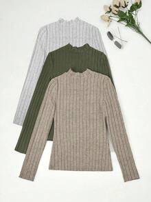 SHEIN LUNE Women's Plain Stand Collar Ribbed Knit T-Shirt - Multicolor - View 2