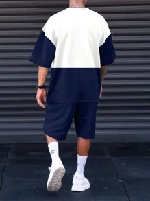 Manfinity Sporsity Hombres talla grande Shorts con camiseta de hombros caídos con estampado de letra de color combinado