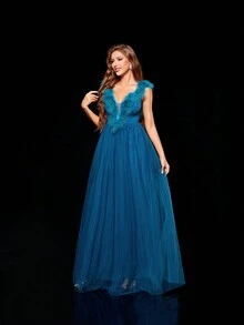 Deep V-Neck Sheer Feather Tulle Long Bridesmaid Dress With Flared Hem Ball Gowns Woman Formal - Teal Blue - View 3