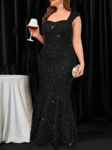 SHEIN Belle 大码闪亮美人鱼尾裙晚礼服长款女装 - 黑色 - 查看 4