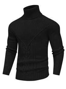 Men's High Neck Cable Knit Sweater - Black - View 1