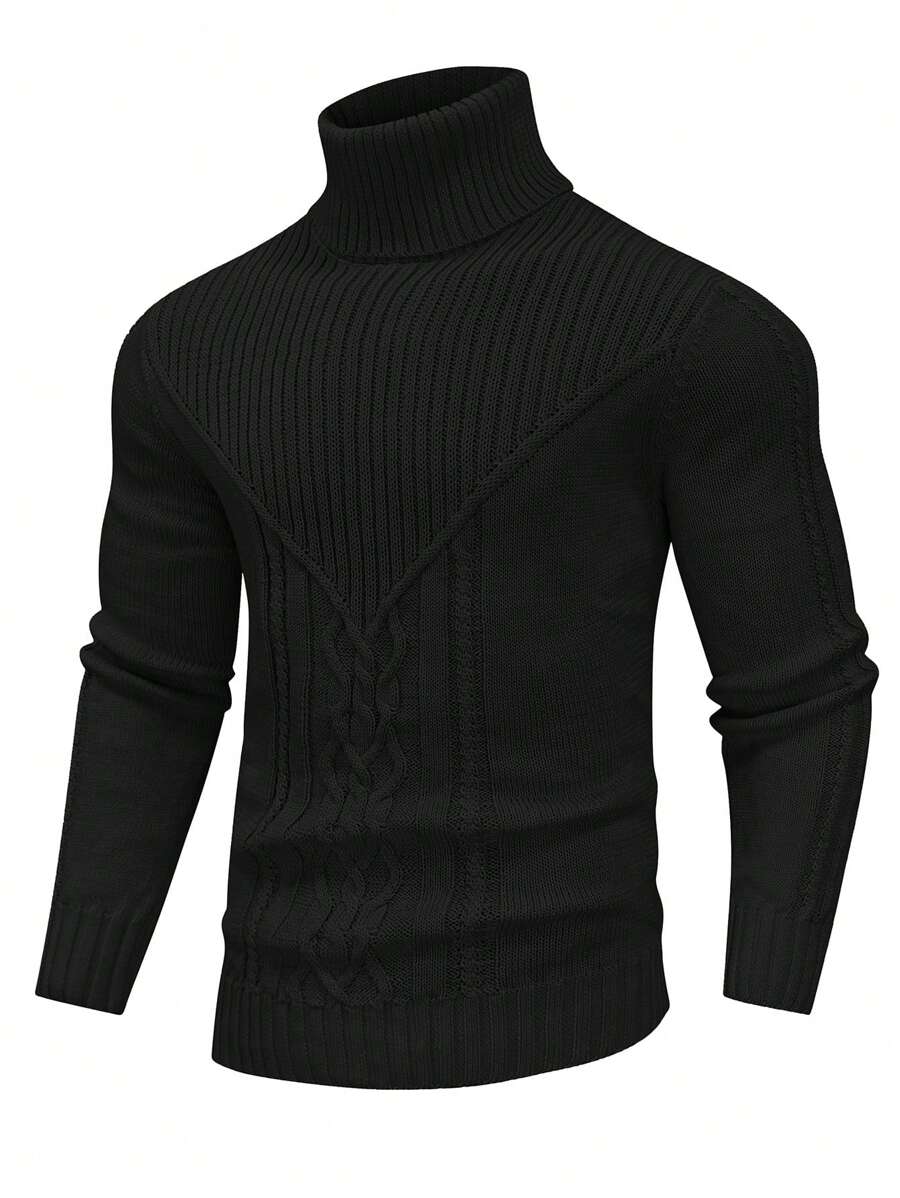 Men's High Neck Cable Knit Sweater - Black - View 1