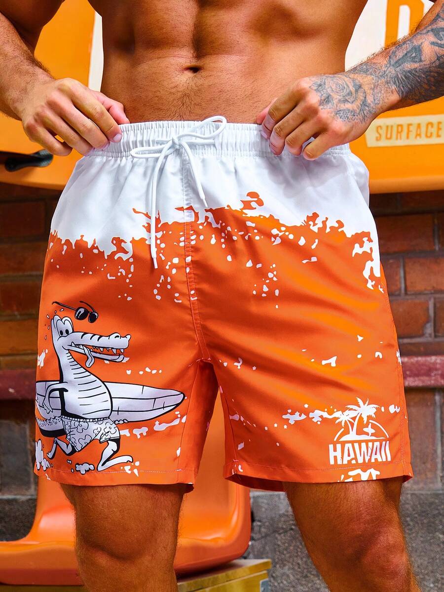 Manfinity Men's Cartoon Print Tie-Dye Beach Shorts - Orange - View 1