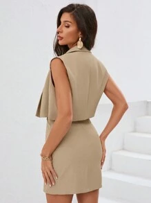 Aveloria Modichic Của phụ nữ Khối màu Cổ áo tây Áo vest Và Quây Bộ váy - Màu be - Xem 2