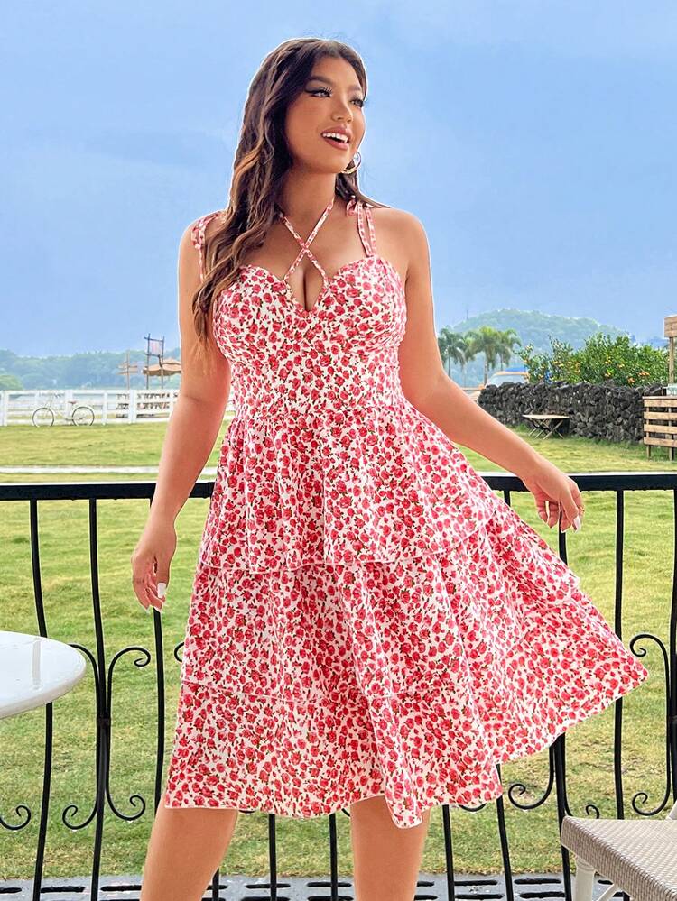 Plus Size Ditsy Floral Multi-Layered Ruffle Cami Dress