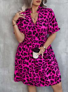 SHEIN Clasi Women's Plus Size Leopard Print Short Sleeve Dress With Notched Neckline And Drawstring Waist - Multicolor - View 8
