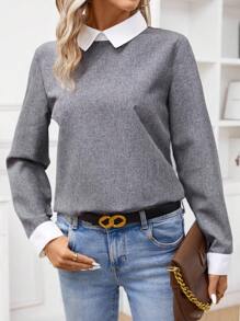 SHEIN LUNE 女士彩塊翻領長袖襯衫