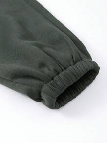 SHEIN EZwear 熊和字母圖案抽繩加絨內裏連帽衫和運動褲 - 深灰色 - 查看 4