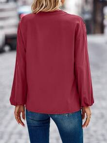 SHEIN Clasi Của phụ nữ Tay áo dài Tay áo lồng đèn Ren Vá lại Áo sơ mi - Màu Đỏ Sâu - Xem 2