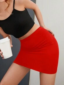 Cottnline Women'S Solid Color Bodycon Skirt - Red - View 3